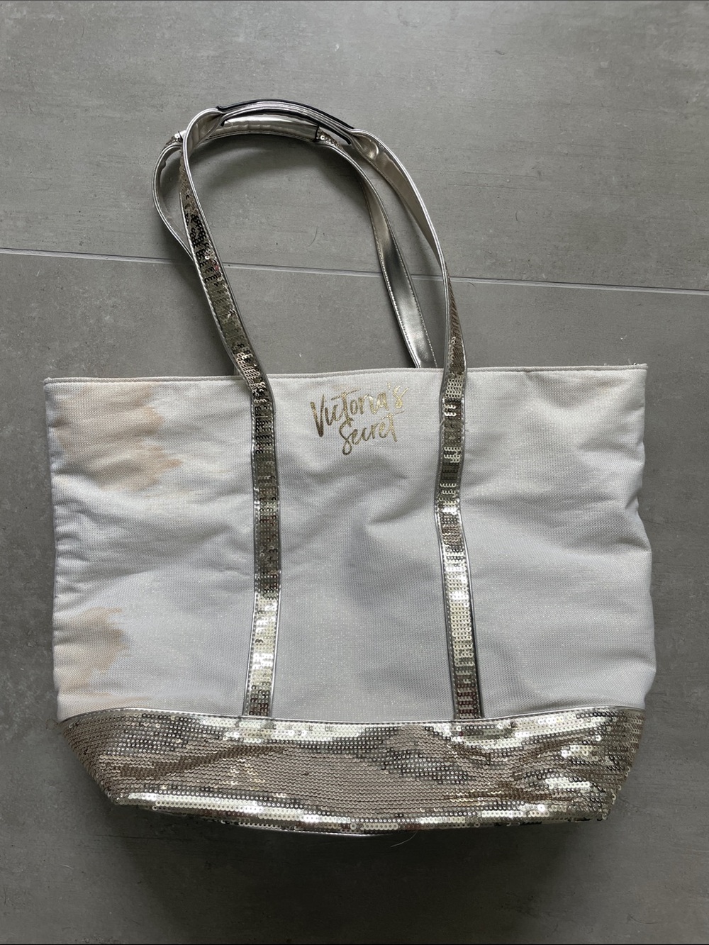 Victoria's Secret White Tote with Silver Sequin Trim. 18X14 Inches